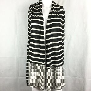 Three Dots‎ Cardigan Womens Sz L  Black White Striped Open Front Stretch Knit